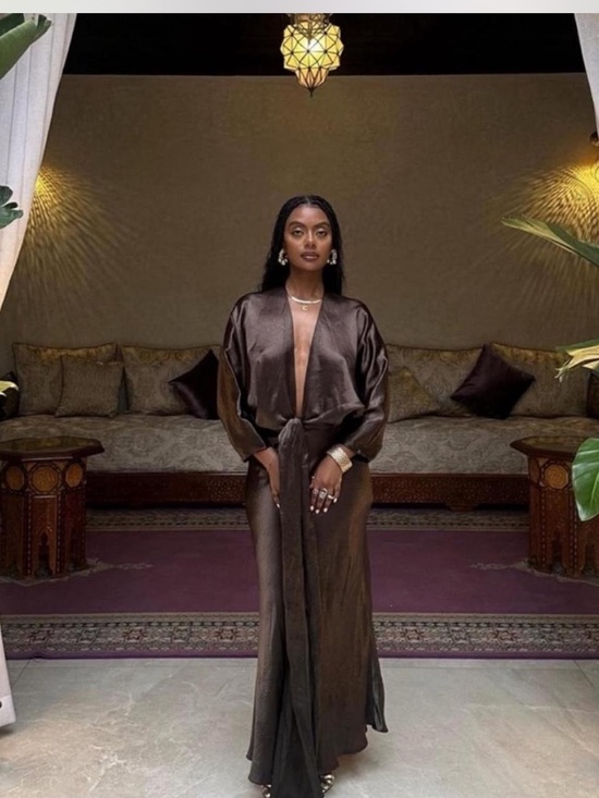 Zara Dresses & Skirts - Zara Satin Deep Brown Long Robe Dress
